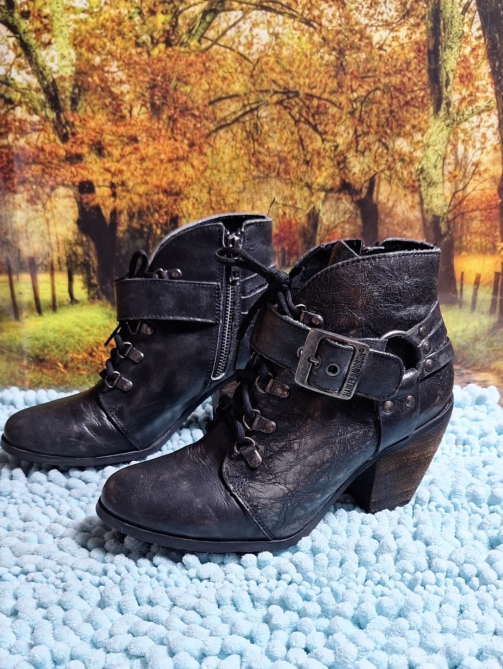 Harley-Davidson Black Lace-Up Ashley Grey Ankle Boots with Buckle Strap